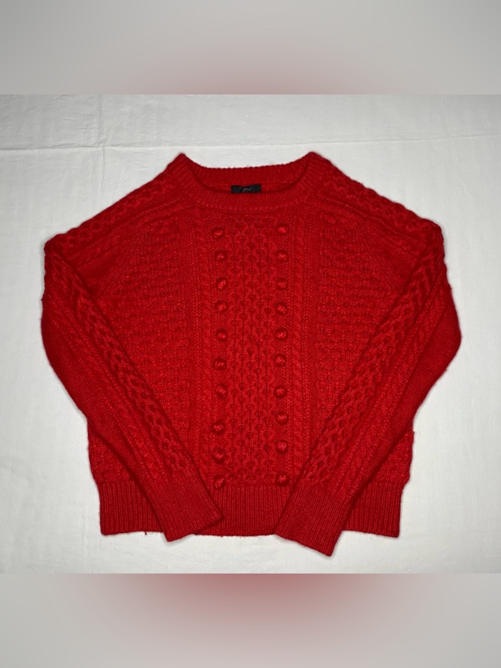 J.Crew Sweater Womens Small Lambswool Blend Cable Knit Red Pom Pom Pullover